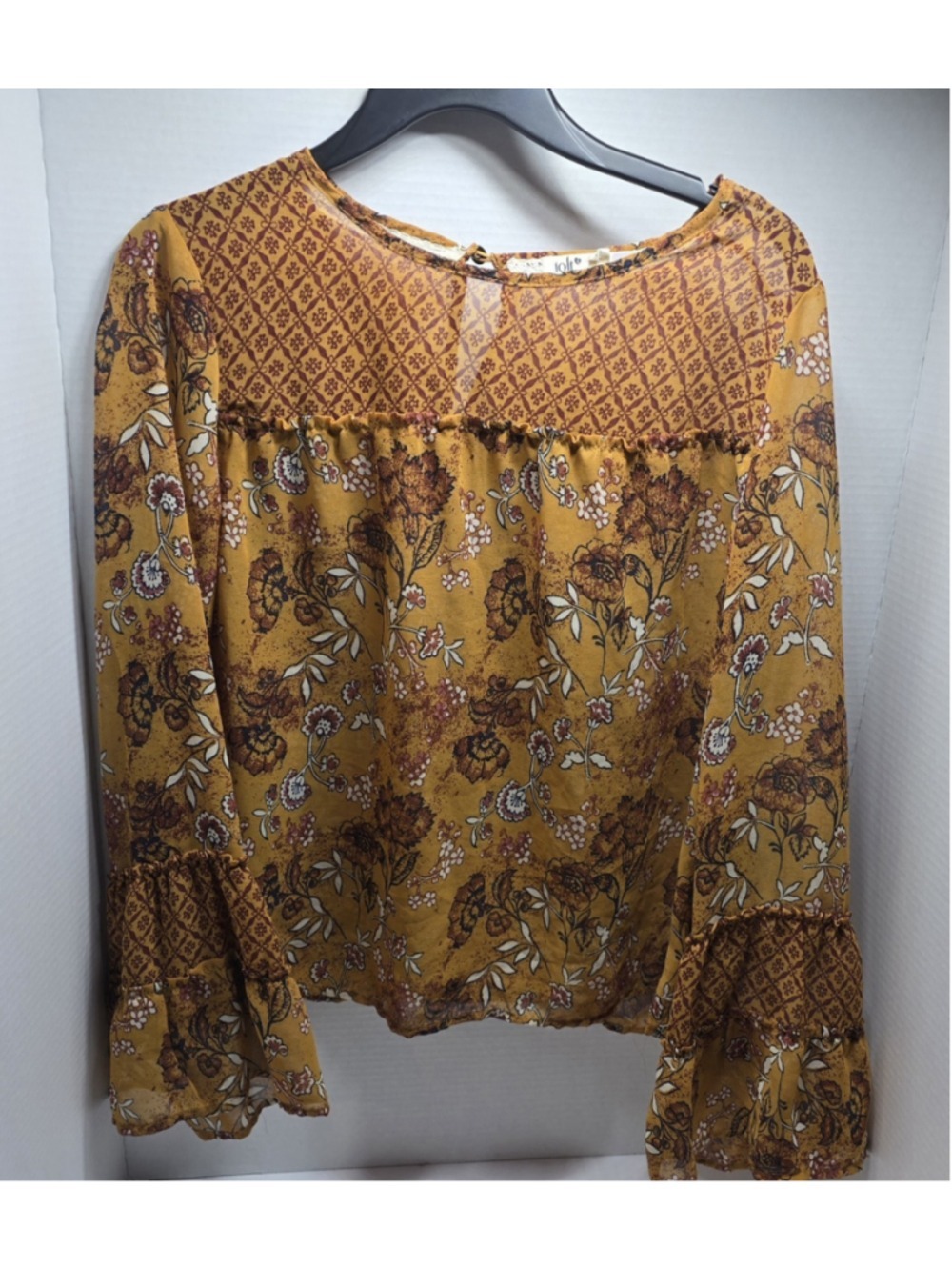 Jolt mustard yellow floral print sheer blouse with bell sleeves Size Medium